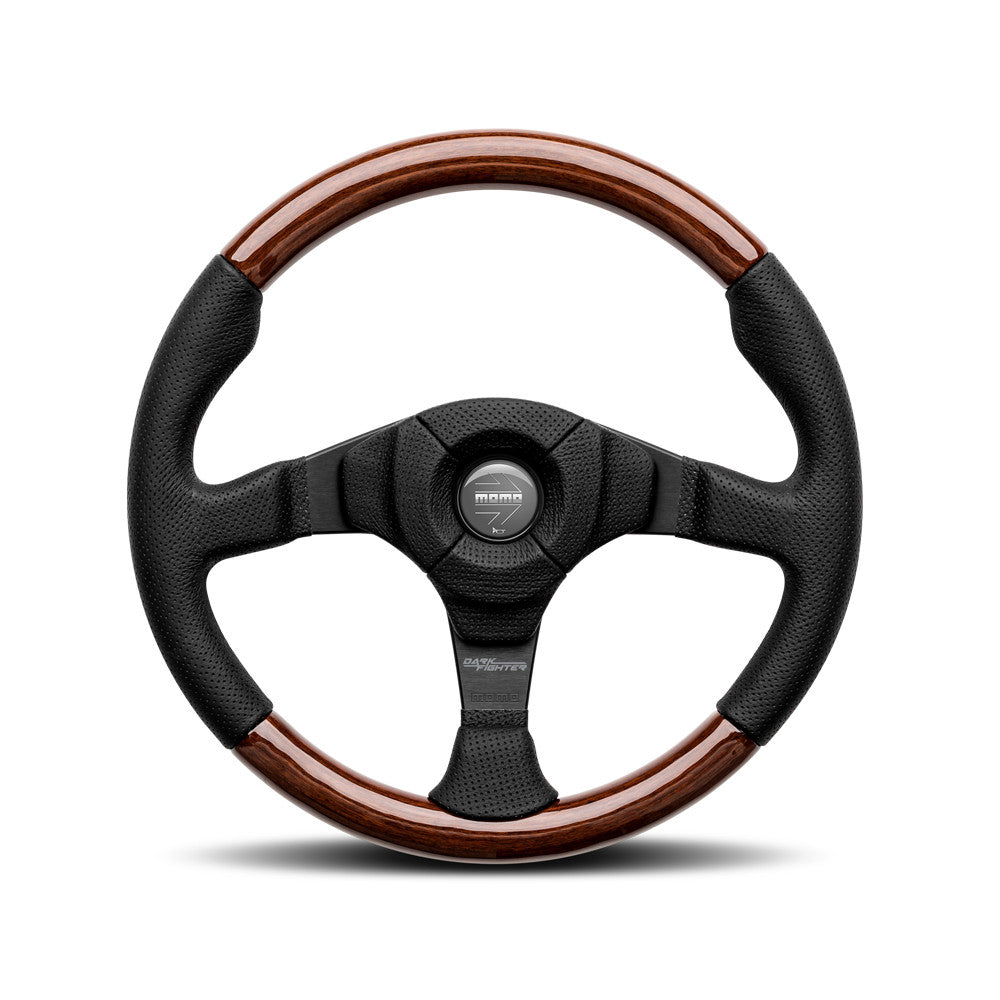 Momo Dark Fighter Steering Wheel - Black Leather/ Wood 350mm Diameter-Steering Wheels-Momo-[By Purdue Performance]